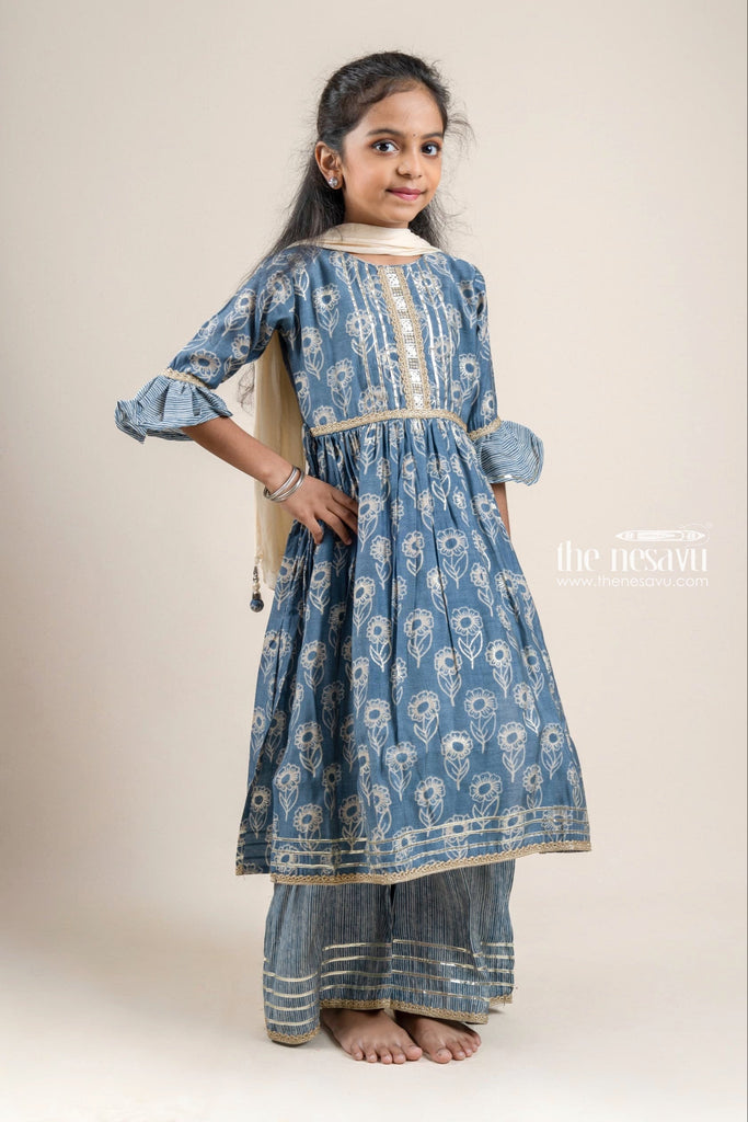 Kids Sky Blue Floral Printed A Line Kurti Pleated Palazzo Set | Festive  Wear for Girls | The Nesavu – The Nesavu